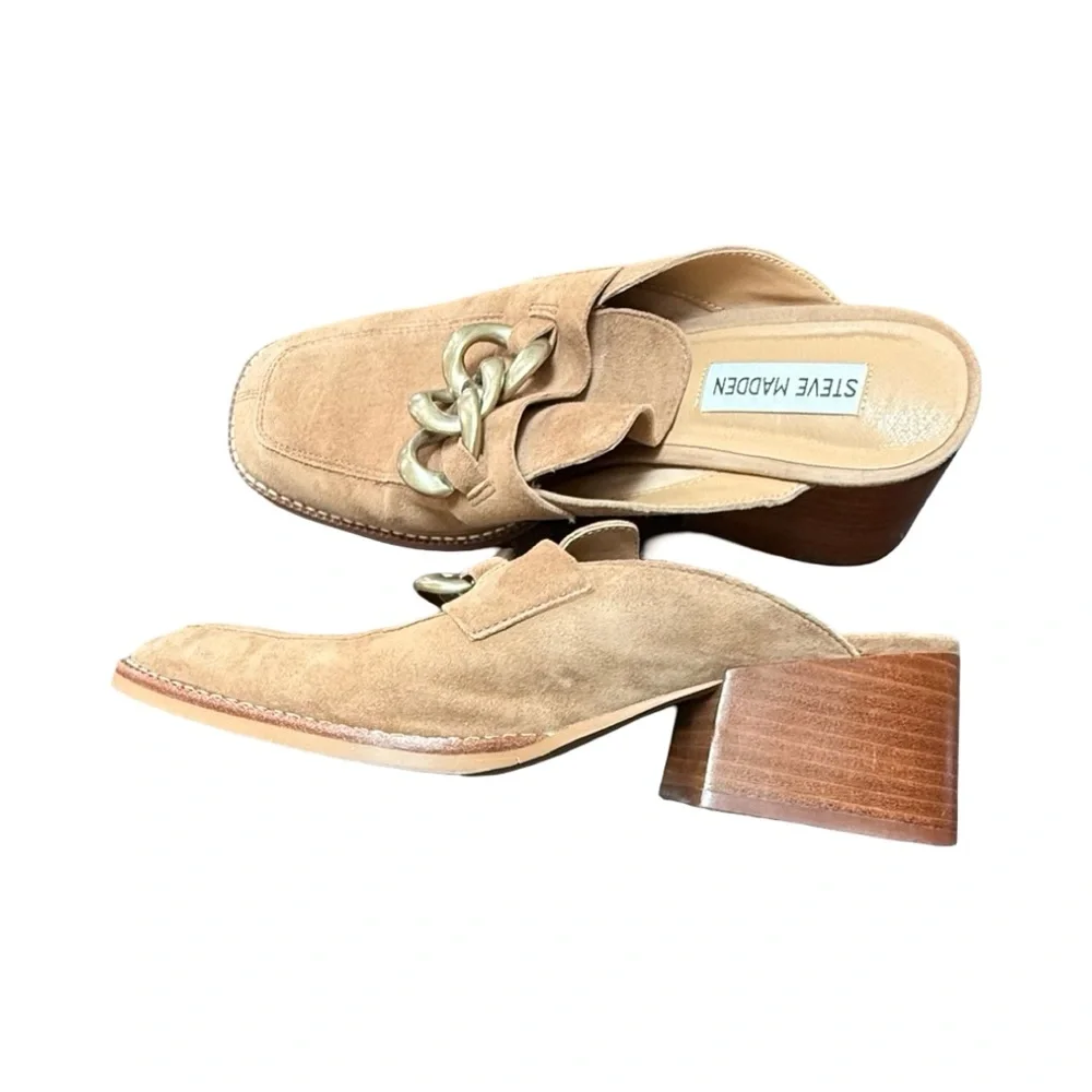 Steve Madden Brown Suede Mules with Gold Chain - Picture 11 of 12